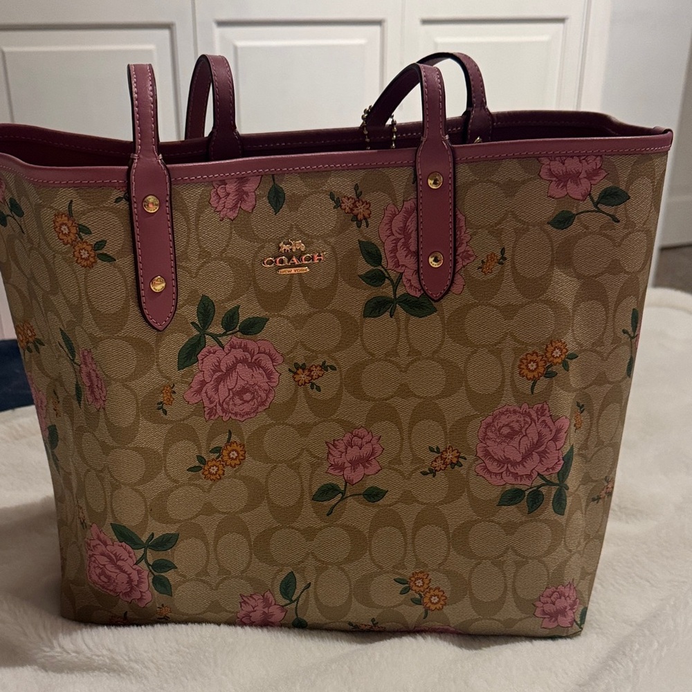 Coach Tan and Pink Floral Tote Bag